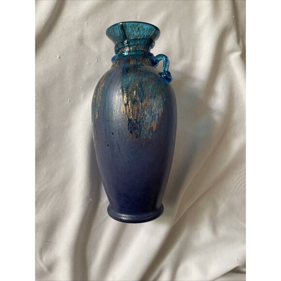 Handmade Blue & Gold Art Glass Vase With Textured Design - Decorative Accent Pie - Picture 14 of 14